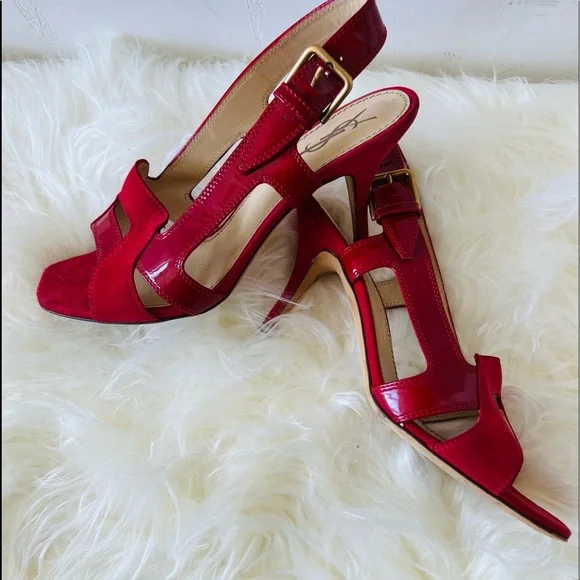 RED YSL Patten Leather & Suede mix high heels sandals. Open Toe, Slingback - Picture 8 of 16
